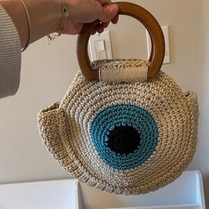 Handmade Cream Crochet Round Bag with Teal Accent